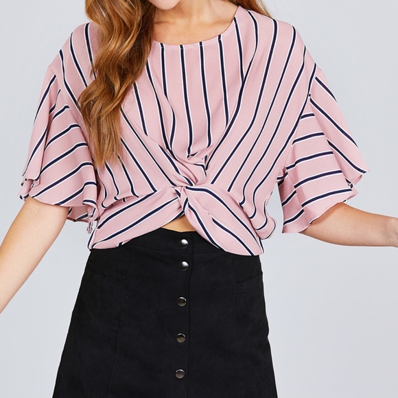 SHORT BELL SLEEVE ROUND NECK KNOT BACK BUTTON TOP - Picture 3 of 5